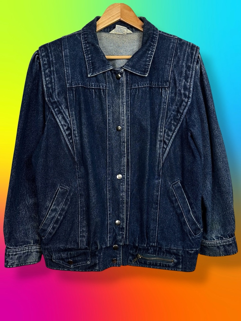 Vintage 80s Snap Up Pleated Retro Oversized Cotton Denim Jean Bomber Jacket S